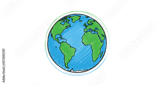 A hand drawn sketch of the planet earth showing continents and oceans with a blue and green color palette on a white background