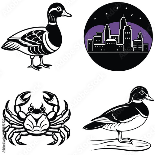 Vector art of a captivating vector illustration showcases a duck, crab, and cityscape, creating a harmonious blend of nature and urban elements