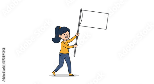 A determined woman confidently carries a flag on a pole showing a blank space ready for custom text or design elements