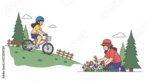 A girl rides her bicycle uphill while another girl tends to flowers in a garden with trees and clouds in the background
