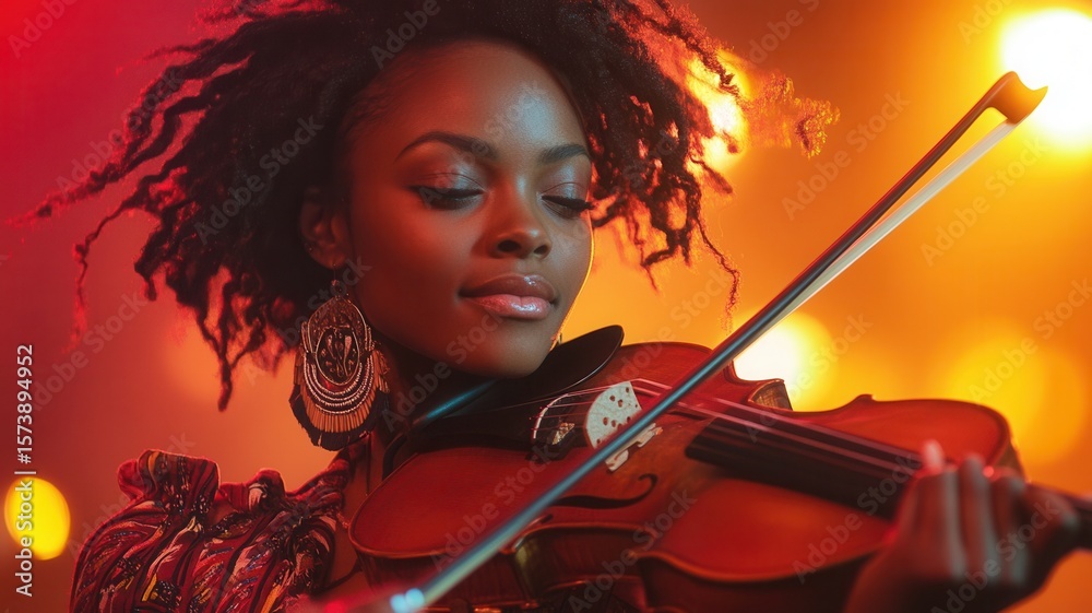 Fototapeta premium Young black woman musician passionately playing the violin with on brightly lit stage, captivating the audience a her talent and emotion