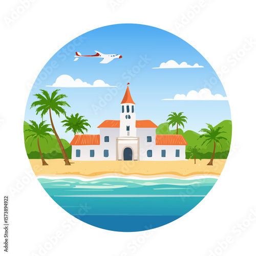 Tropical Island Getaway with Airplane and Architectural Landmark