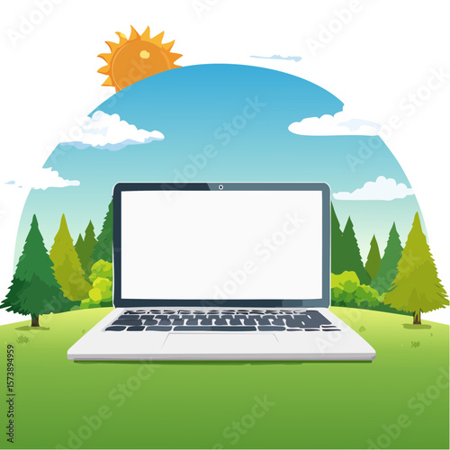 Laptop in Nature: A serene view of productivity with a laptop amidst trees and the sky