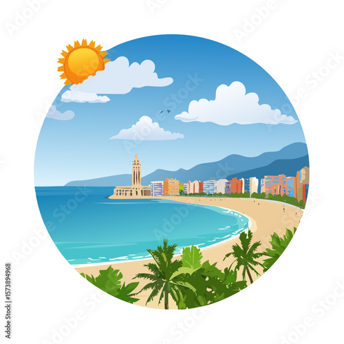 Scenic Valencia Beach Illustration with Sun, Sea, and Cityscape