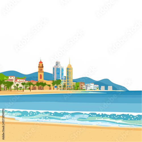 Colorful Vector Illustration of a Mediterranean Beach and Cityscape