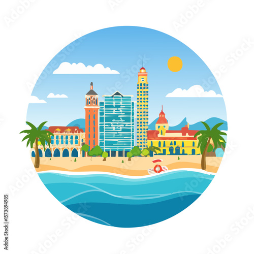 Coastal Cityscape Illustration with Beach, Buildings, and Palm Trees