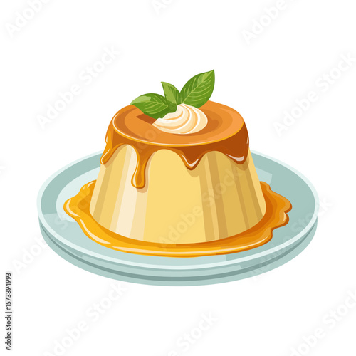 Delicious Caramel Flan Dessert with Cream and Mint
