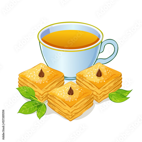 Delicious Baklava Pastries and a Cup of Tea Illustration