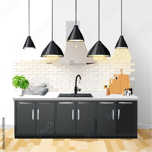 Modern Minimalist Kitchen Illustration with Black Cabinets and Stylish Lighting