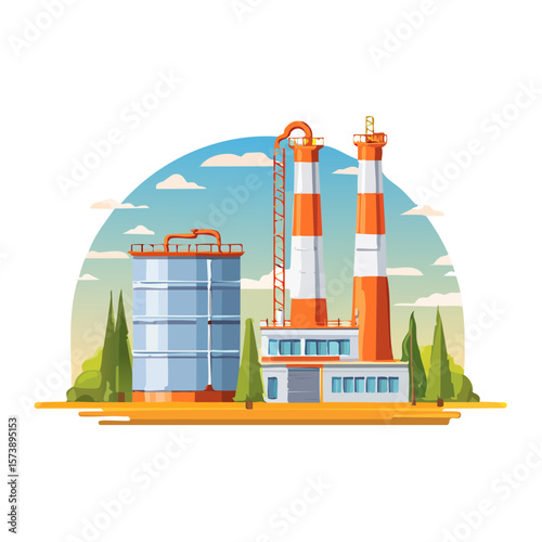Cartoon Industrial Plant Landscape with Silos, Smokestacks, and Factory Building