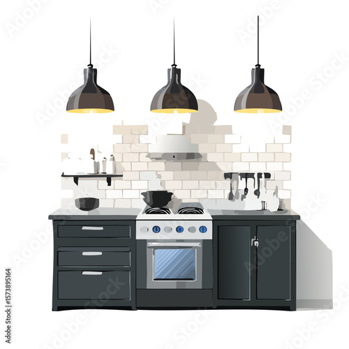 Modern Kitchen Illustration with Stove, Cabinets, and Hanging Lights