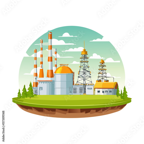 Cartoon Nuclear Power Plant on Floating Island