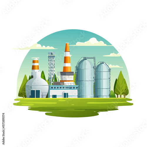 Industrial Plant with Silos and Chimneys in a Green Landscape under a Clear Sky