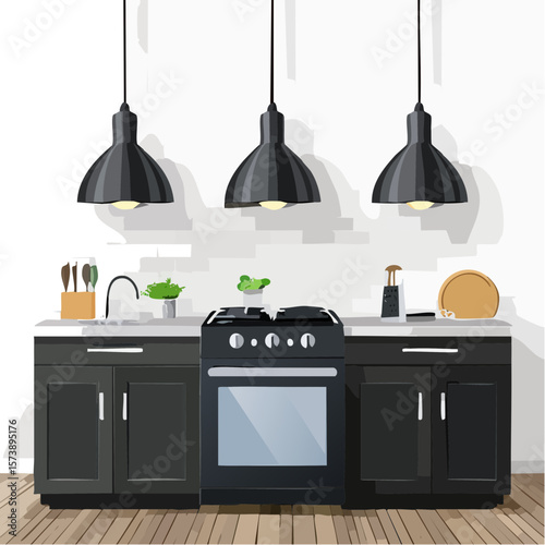 Modern Kitchen Illustration with Stove, Sink, and Stylish Pendant Lights