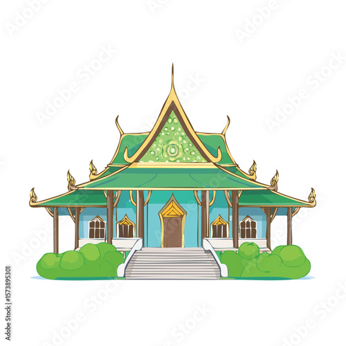 Cartoon illustration of a Thai-style temple with detailed architecture