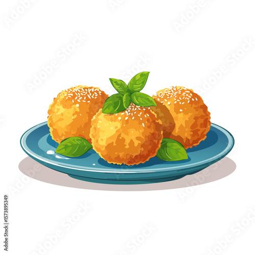 Golden Arancini with Basil on a Blue Plate Illustration