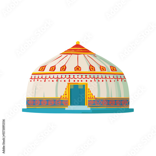 Illustration of a Traditional Yurt, a portable, round tent used by nomadic groups in Central Asia.