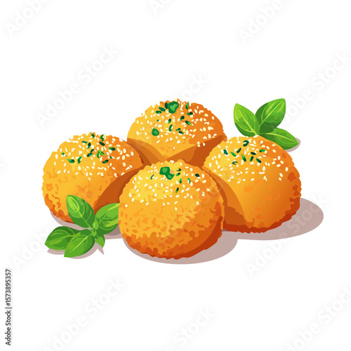 Delicious Arancini Balls with Basil Leaves and Sesame Seeds Topping