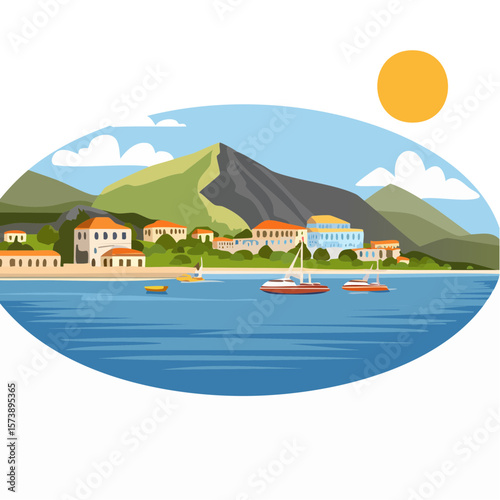 Coastal Town Illustration with Mountains, Sea, and Sailboats - Vector Image