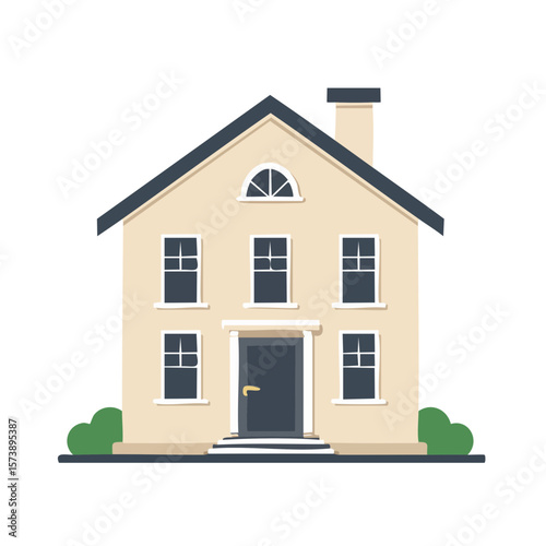 Cozy two story house facade illustration with chimney windows bushes and door simple residential building construction vector art