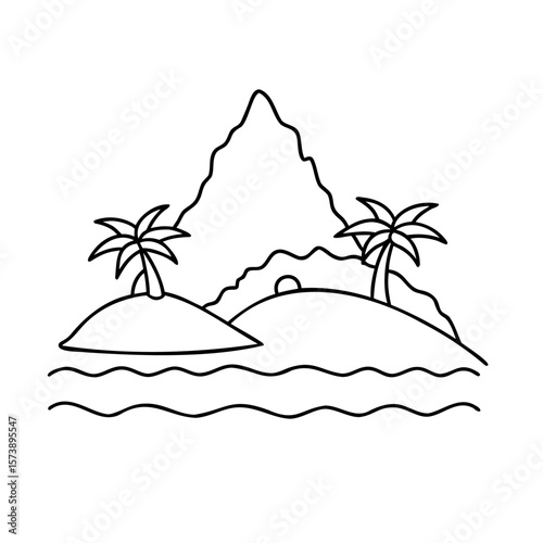 Tropical island mountain palm trees ocean waves vector