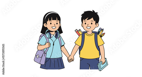 Happy young students holding hands ready for a new school day filled with learning and friendship together
