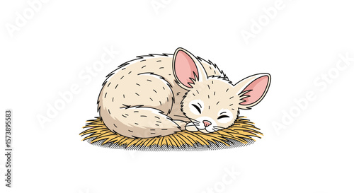 Adorable small fennec fox curled up sleeping peacefully on a cozy nest of straw