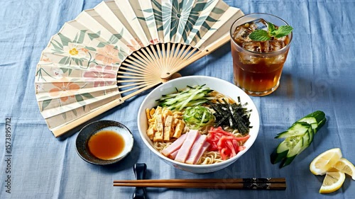 Chilled Japanese Noodles and Summer Table Setting with Fan and Iced Tea