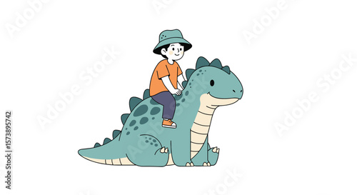 Cute cartoon boy wearing a bucket hat riding on the back of a friendly dinosaur with a happy expression