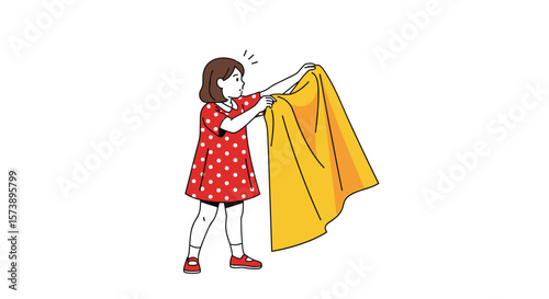 Young girl happily holding a large yellow blanket ready to play dress up or decorate her room with a splash of sunshine color creating a cozy atmosphere