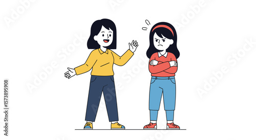 Two young girls one looking upset and the other trying to cheer her up with gestures and speech bubbles showing communication and disagreement between friends or siblings