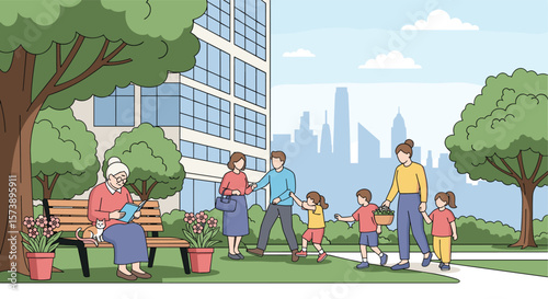 Diverse families enjoying a sunny day in a vibrant urban park with tall buildings in the background and lush green trees and plants providing a natural oasis for recreation and relaxation