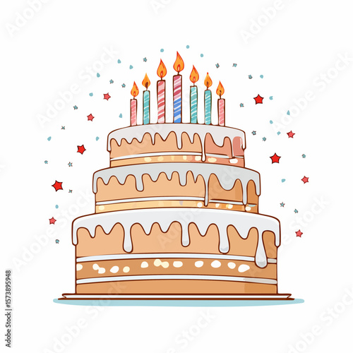A three-tiered birthday cake with colorful candles, drizzled icing, and celebratory sparkles.