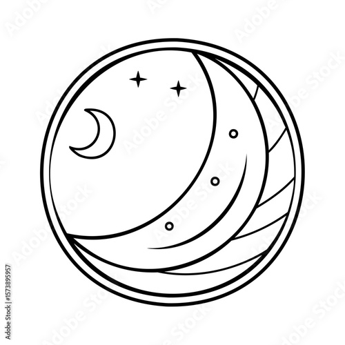 Crescent moon and stars in a circle night