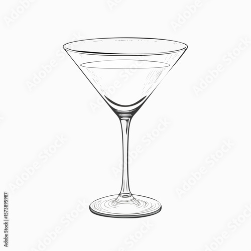 A pristine, empty martini glass, elegantly poised on a white background.