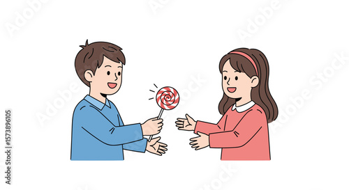 Sharing a sweet treat young boy generously offers a lollipop to a happy girl symbolizing friendship and kindness