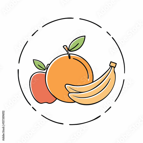 Illustration featuring a red apple, a ripe orange, and two bananas together.