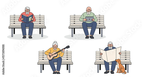 Elderly people enjoying park benches with various activities including reading music and technology engagement