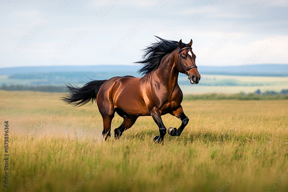 Obraz premium Majestic brown horse galloping through grassy field