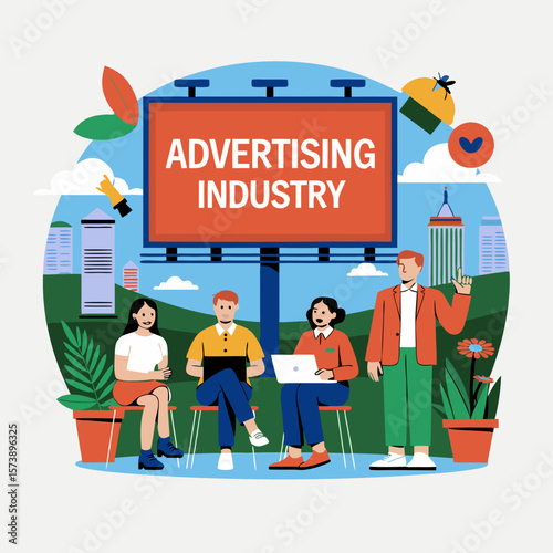 A group of professionals gathered near a billboard promoting the advertising industry.