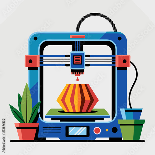 A 3D printer creating a colorful, geometric vase, with potted plants nearby.