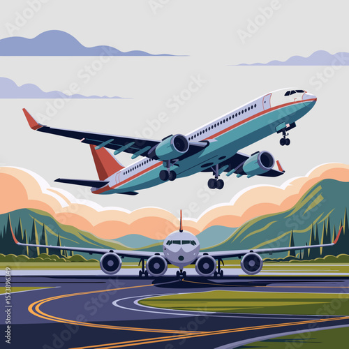 Two airplanes, one taking off into the sky, the other on the runway, with a mountain backdrop.