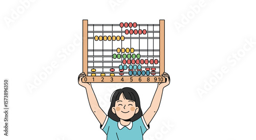 Young student happily displays educational abacus tool for learning mathematics and counting skills development