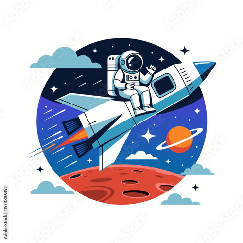 Cartoon astronaut in a rocket ship soaring through space, with a stylized depiction of planets and stars.