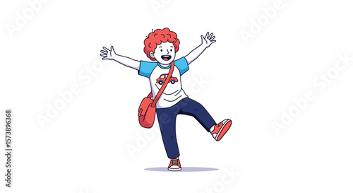 Energetic youngster with curly red hair and guitar bag dancing with joyful exuberance celebrating a wonderful day outdoors