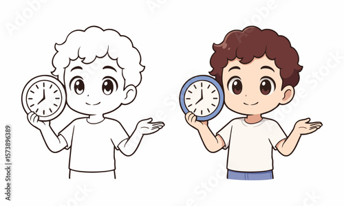 Man holding clock in his hands coloring page for kids