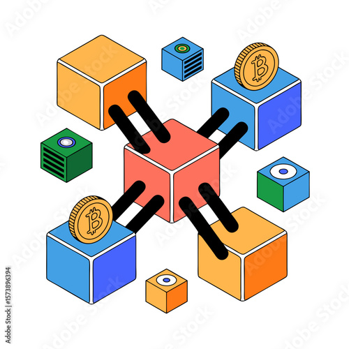 Isometric illustration of interconnected colorful blocks with Bitcoin symbols.