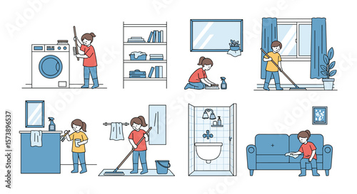 Illustrations of a person performing various household chores and cleaning tasks around the home environment