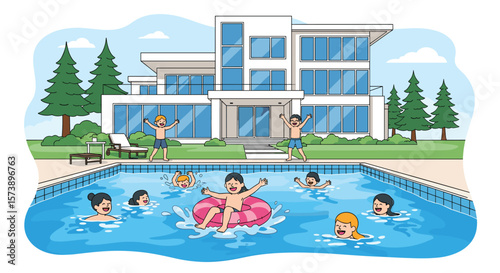Joyful family fun day by the modern mansion pool with lush greenery and blue sky on a sunny summer afternoon