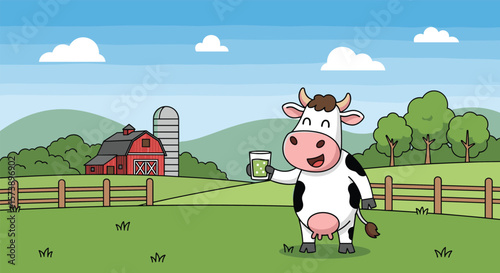 Cartoon cow holding a green can on a sunny day in a lush green farm field with a red barn and silo